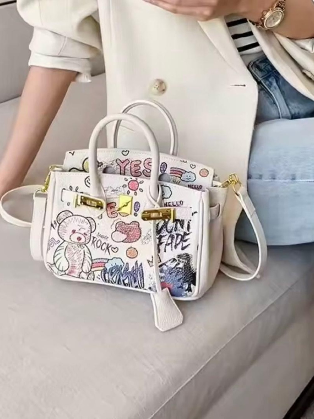 White Graffiti Print Top-Handle Bag - Picture 2 of 16